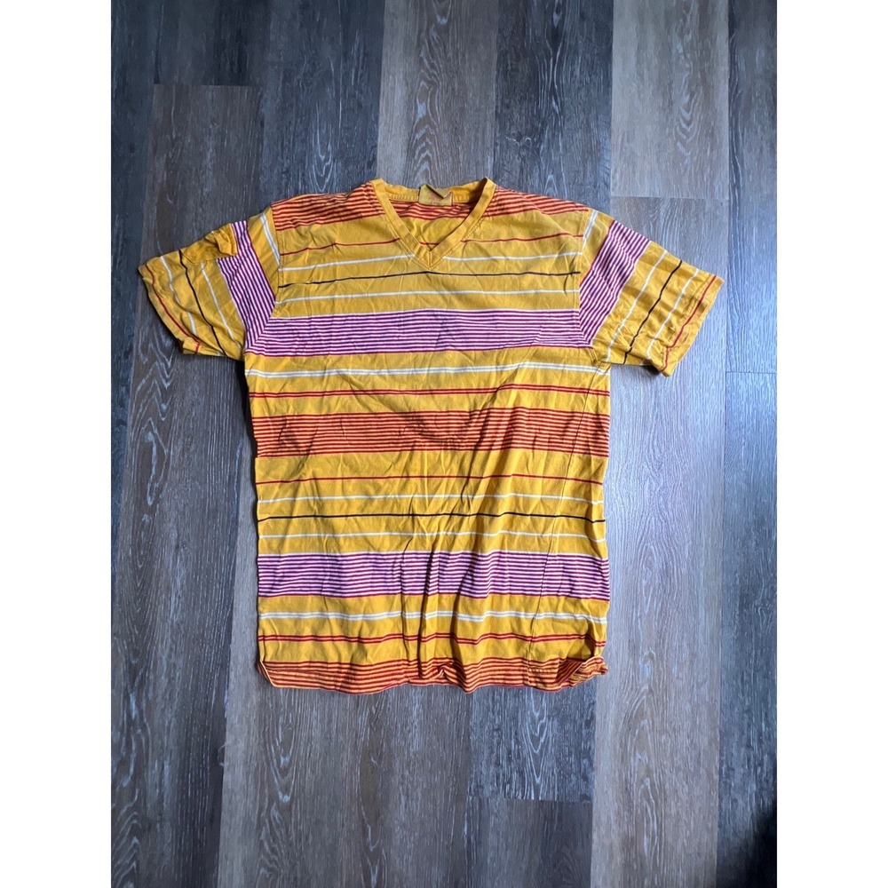 King Maker Striped V-Neck T-Shirt Mens XL Yellow Multi Color‎ Good Short Sleeve